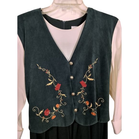 3398)Vtg 80s Miss Dorby Green White Attached Embroidery Vest 3/4 Sleeve Dress 12 - Picture 5 of 11